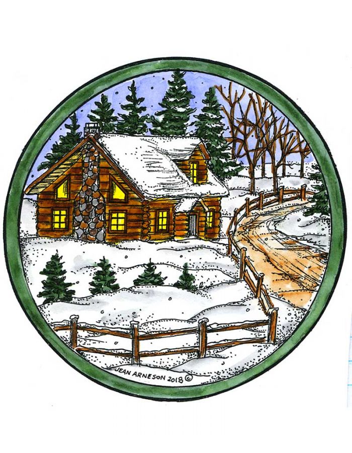 Cabin, Spruce and Road in Circle Frame - PP10549