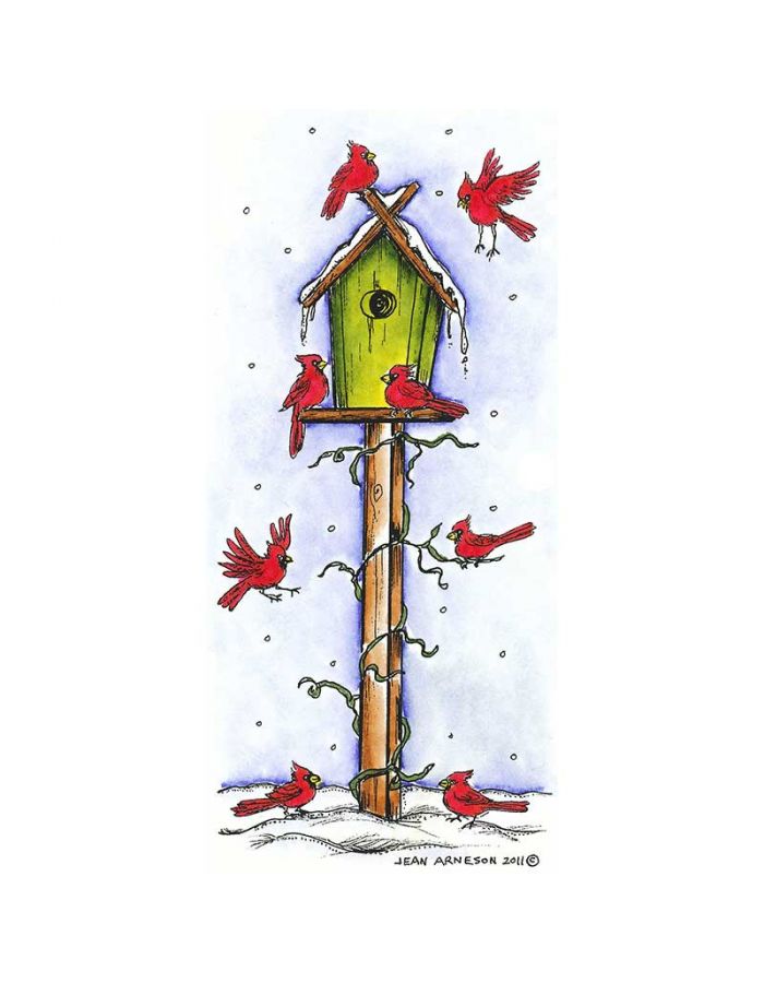 Cardinals on Tall Birdhouse - O8292