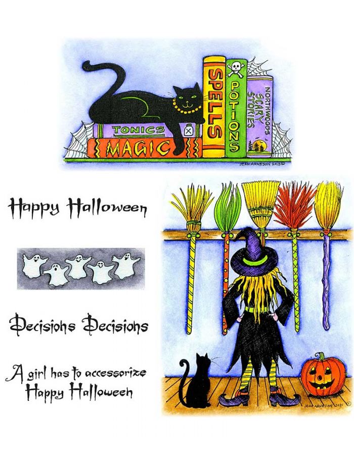 Cat On Stack Of Books & Halloween Witch and Brooms - NO-208