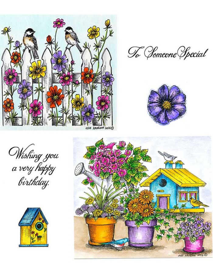 Cosmos And Fence & Floral Pots And Birdhouse - NO-167