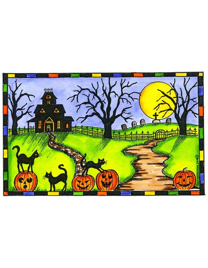 Haunted House, Cats and Path in Checkered Frame - NN10463