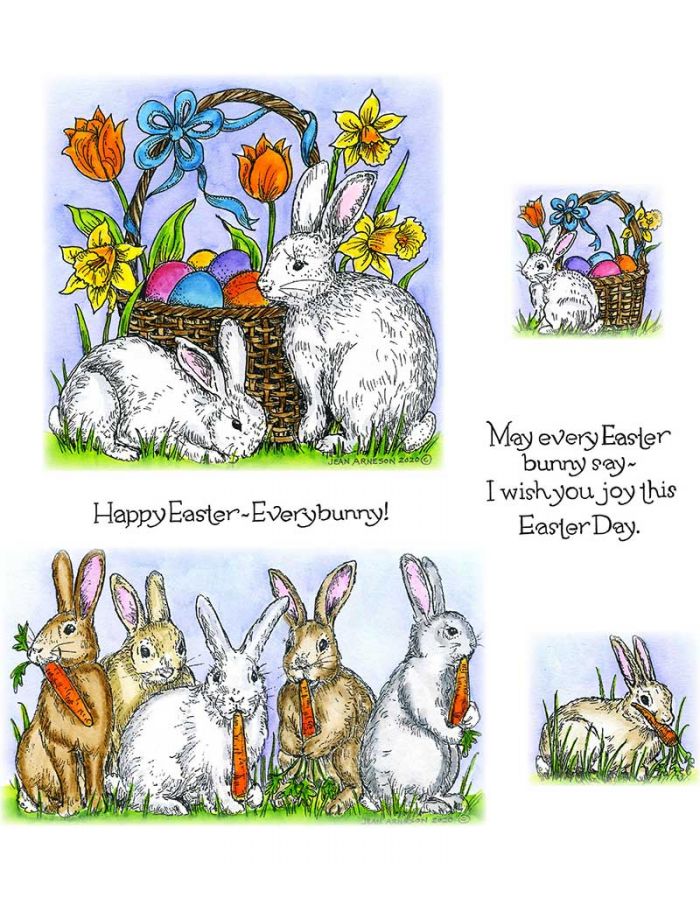 Bunch Of Bunnies With Carrots, Easter Basket With Bunnies, Tulips & Daffodils - NO-082