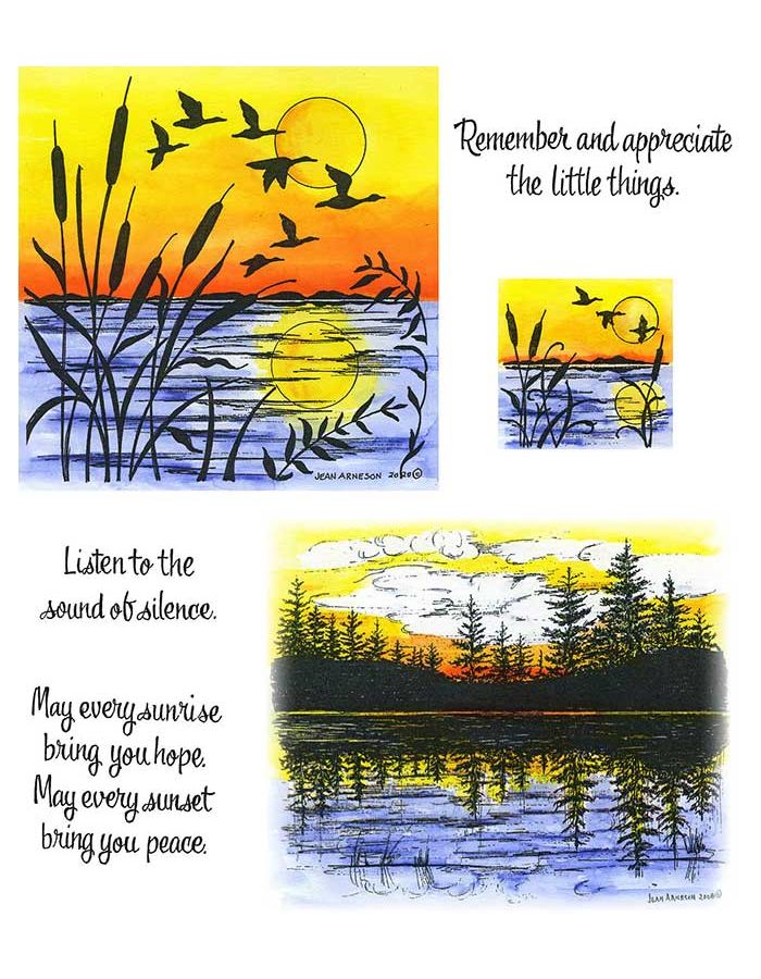 Cattail, Birds & Water Silhouette, Pine & Lake Silhouette - NO-090