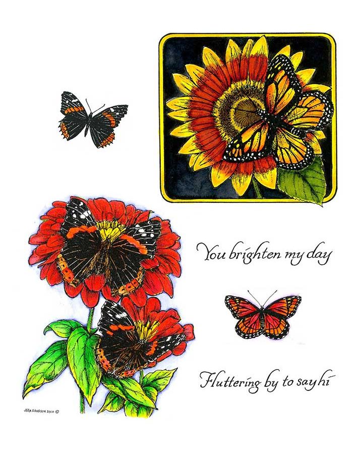 Monarch on Sunflower & Zinnias with Butterflies - NO-094