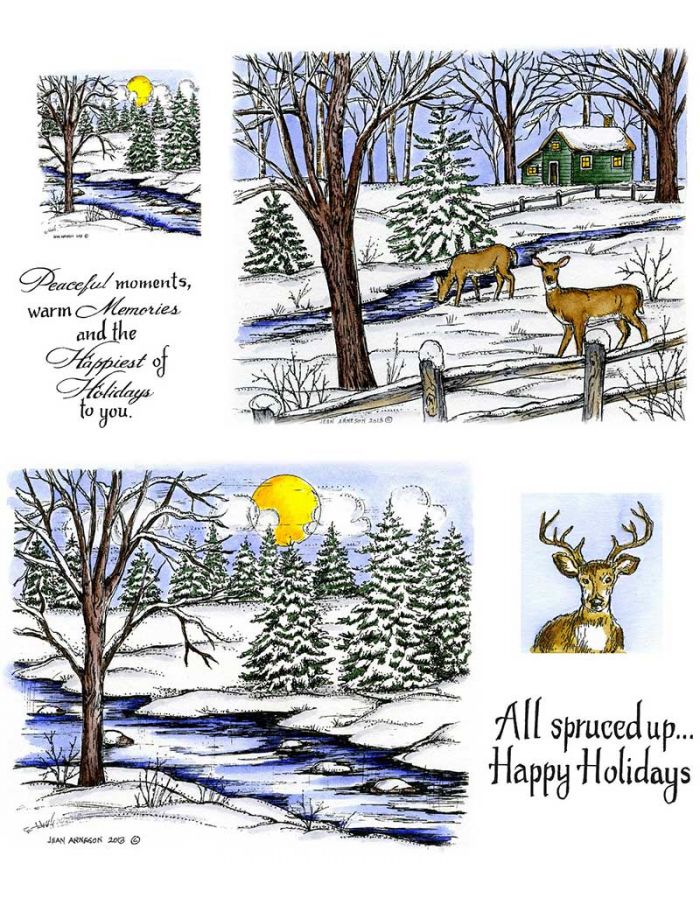 Deer, Fence, Stream and Cabin & Tree, Stream and Spruce - NO-112