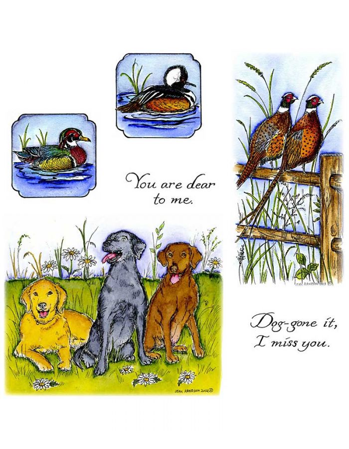 Pheasants On Fence & Three Labrador Retrievers - NO-128