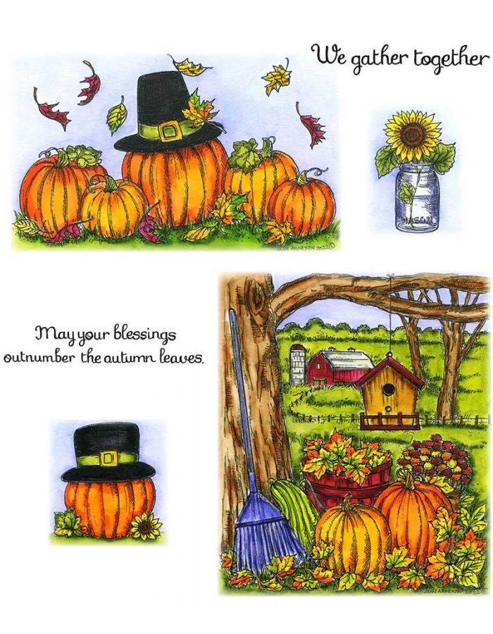 Pilgrim Pumpkins and Leaves & Fall Farm Scene With Rake - NO-178