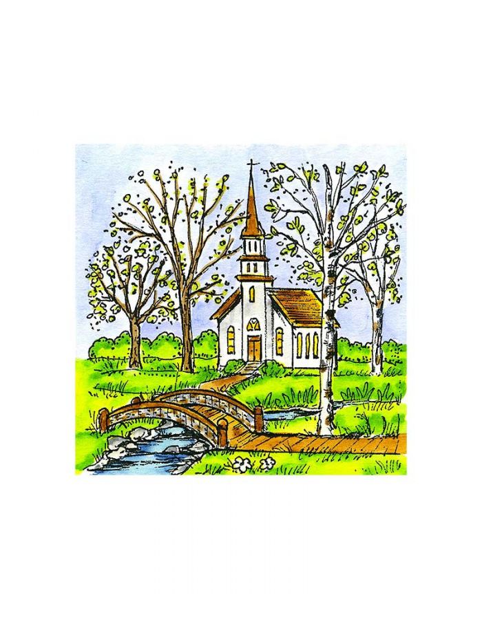 CHURCH STEEPLE AND TREE Wood Mounted Rubber Stamp IMPRESSION OBSESSION F2512 NEW 