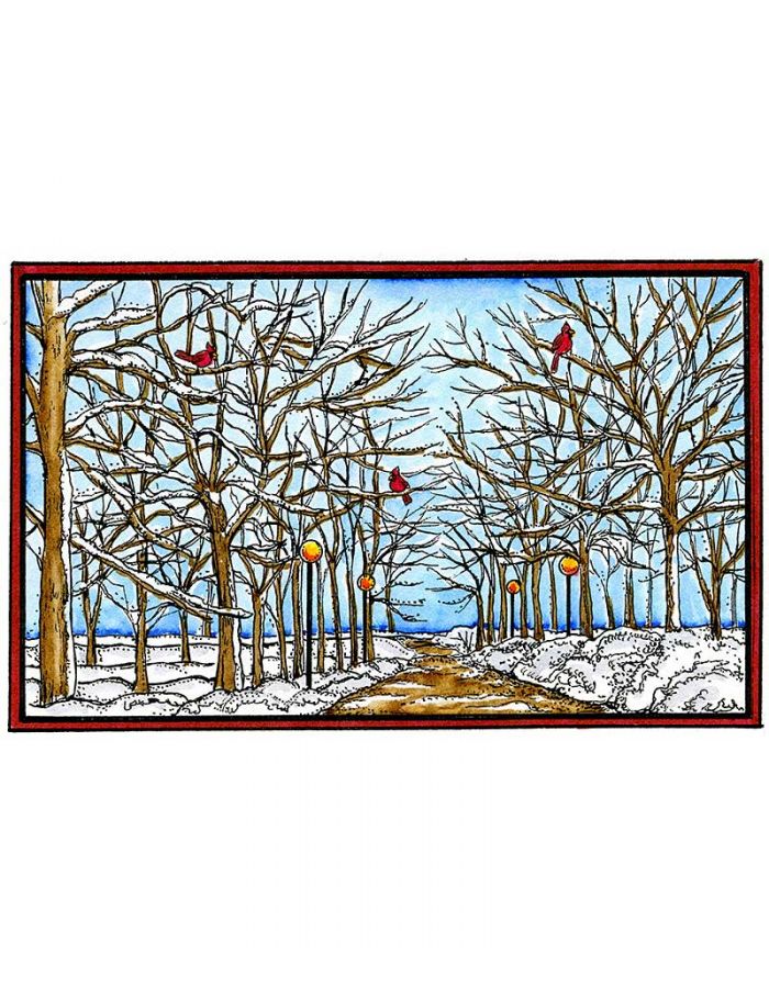 Snowy Bare Branched Trees, Lamp Posts and Cardinal - NN10166