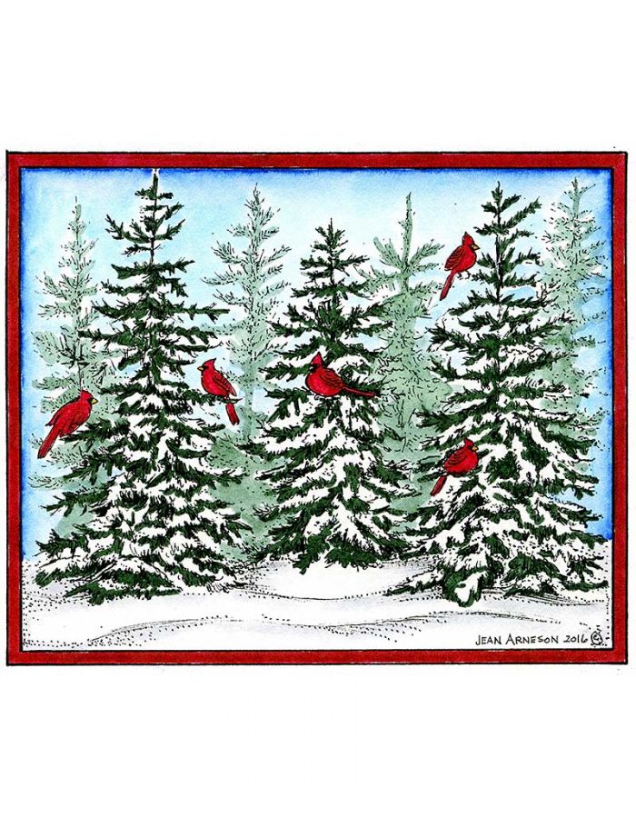 Snowy Spruce Trio With Cardinals - P10167