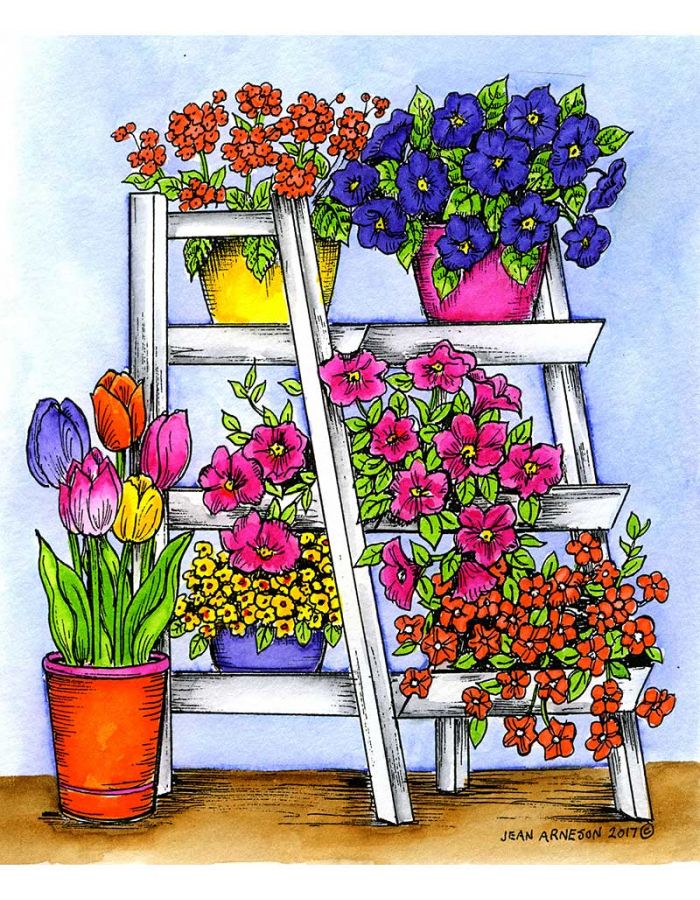 Spring Pots On Ladder - P10231