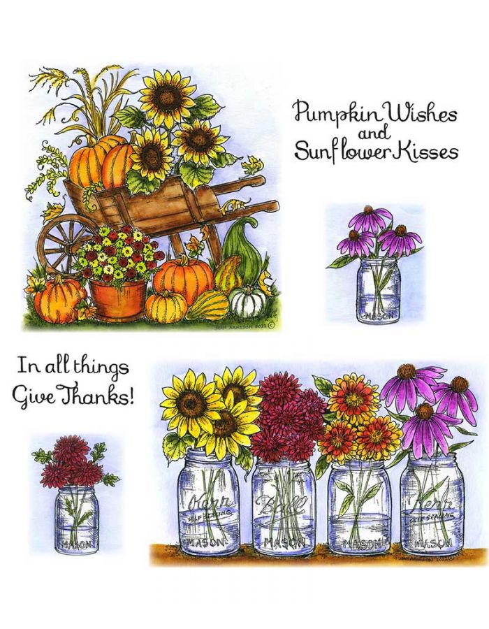 Sunflower and Pumpkin Cart & Floral Mason Jar Border - NO-177