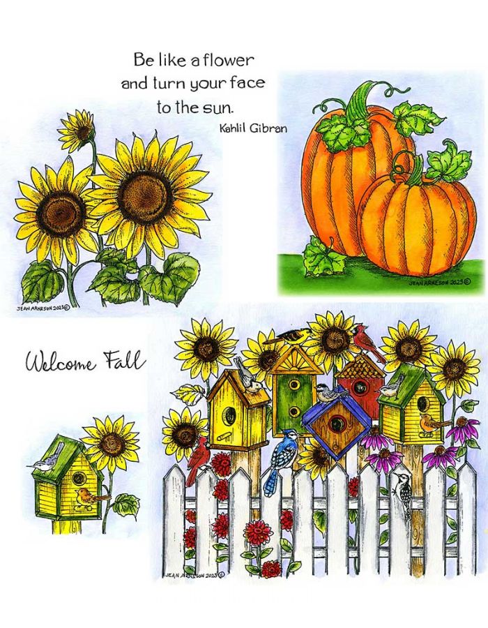 Sunflower Pair & Fall Birdhouses And Fence - NO-218