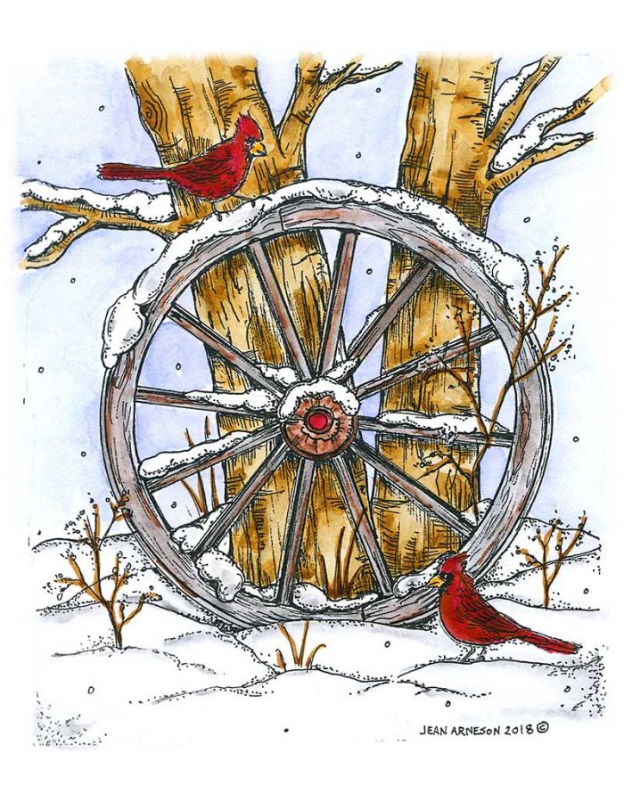 Wagon Wheel With Cardinals and Tree - P10532