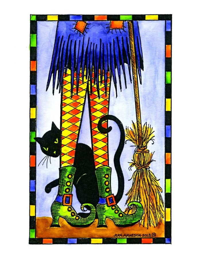 Witch's Legs, Cat and Broom in Checkered Rectangle - NN10481