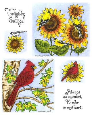 Cardinal and Maple Tree & Trio of Goldfinches and Sunflowers - NO-258