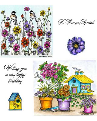Cosmos And Fence & Floral Pots And Birdhouse - NO-167