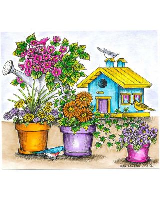 Floral Pots, Watering Can and Birdhouse - P9484