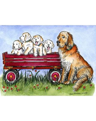 Goldie and Puppies in Wagon - P9989
