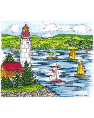 Lighthouse With Pines and Sailboats - P8062
