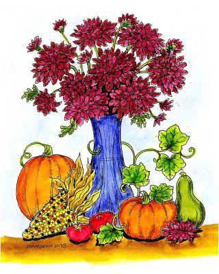 Mum Vase With Pumpkins and Corn - P10306