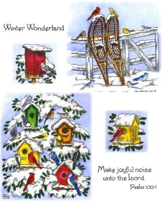 Snowshoes on Fence & Snowy Spruce Birdhouse - NO-155