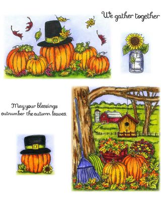 Pilgrim Pumpkins and Leaves & Fall Farm Scene With Rake - NO-178