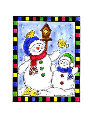 Snowman and Baby with Bird in Checkered Frame - E10366