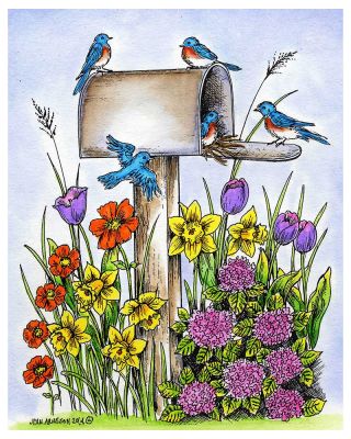 Spring Mailbox With Bluebirds, Daffodils And Tulips - P9494