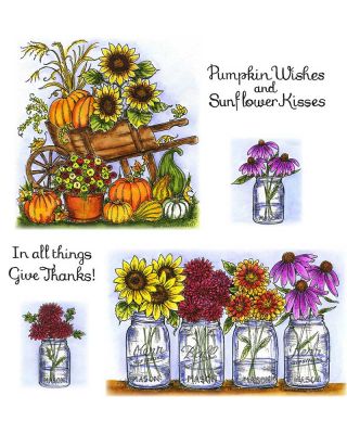 Sunflower and Pumpkin Cart & Floral Mason Jar Border - NO-177