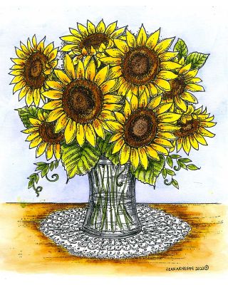 Sunflowers In Glass Vase - P11339