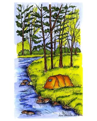 Tent and Woods by Stream - NN10252