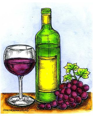 Wine Bottle, Glass and Grapes - M11285