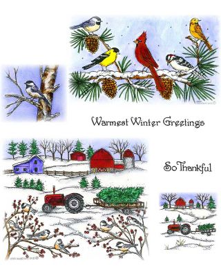Winter Farm and Chickadees & Winter Birds On Pine Branch - NO-156