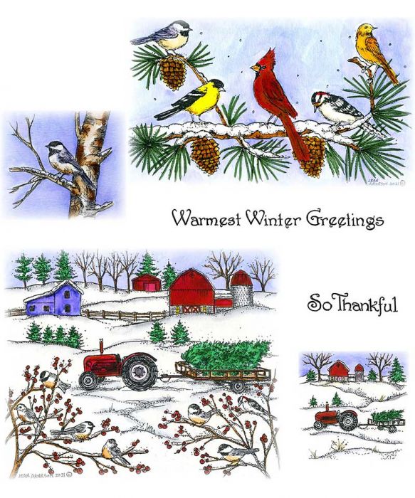 Branch:　On　Winter　and　Winter　Pine　Farm　Chickadees　Birds　NO-156